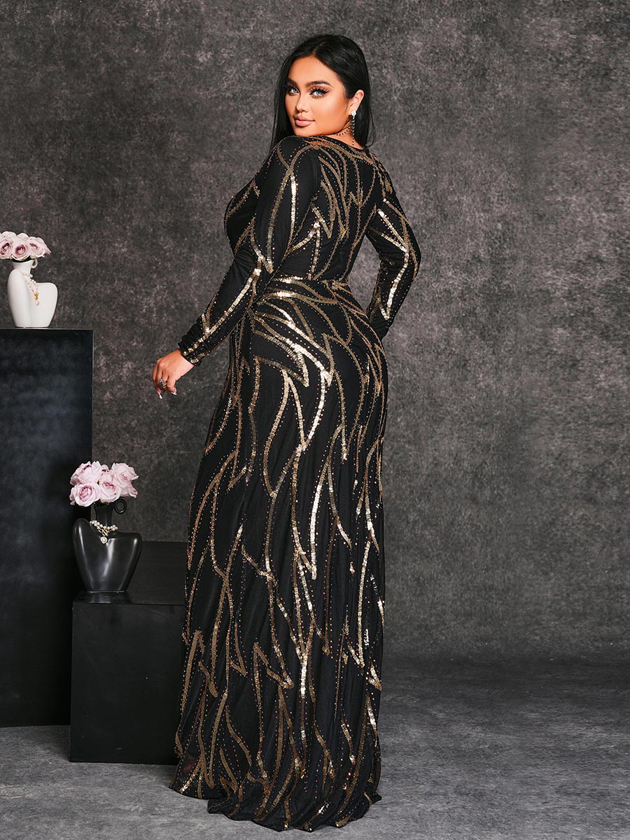 A-Line Long Sleeve Sequin Black Dress