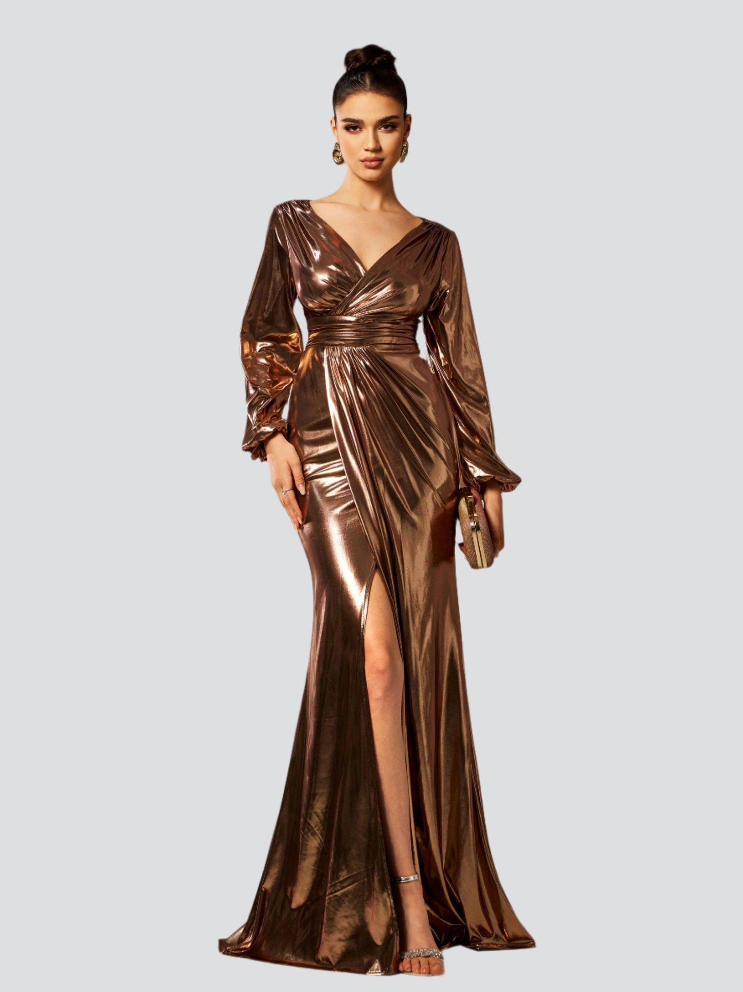 Stylish beautiful dress | Wrap Long Sleeve Metallic Prom Dress - Ideal for special occasions