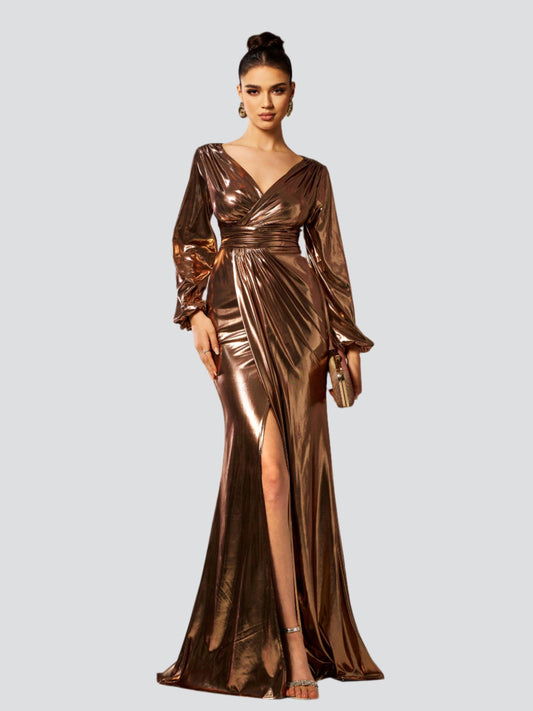 Ellalabel Wrap Long Sleeve Metallic Prom Dress in Brown - Crafted from High-quality Fabrication- Ideal for Wedding Guest and Formal Galas.
