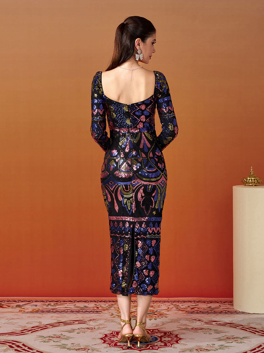 Square Neck Long Sleeve Split Sequin Dress