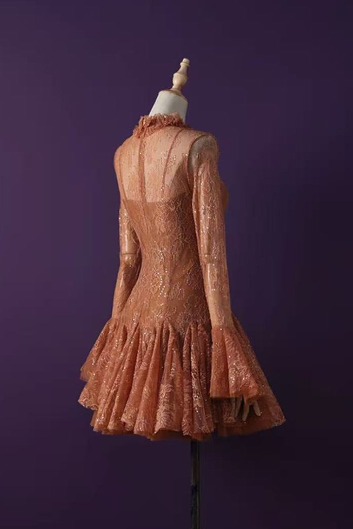 pandora lace Embroidered Flared long sleeve Mini Dress