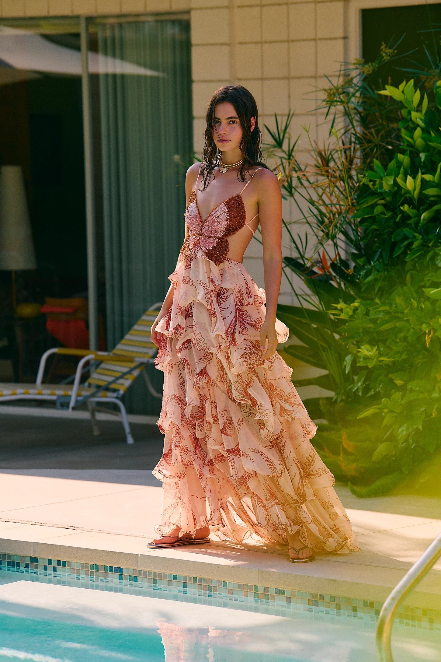 sherry sunset butterfly ruffle layer maxi dress