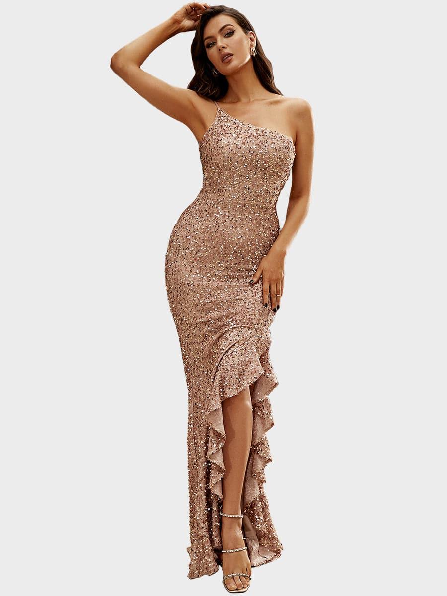 Shop  beautiful dress - Perfect for special occasions | Spaghetti Strap Ruffled Gold Sequin Prom Dress