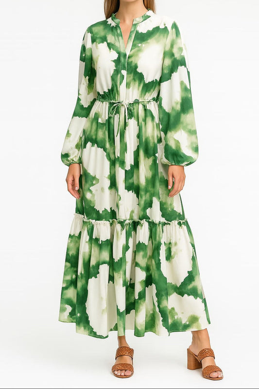Ellalabel katherine green Lantern sleeve printed lapel maxi dress in Green - Crafted from High-quality Fabrication- Ideal for Wedding Guest and Formal Galas.