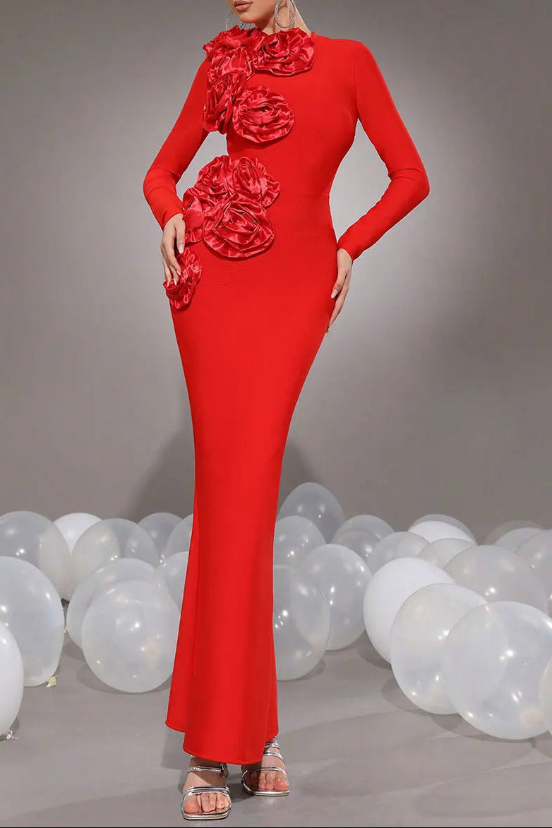 Kelley 3D Flower Decorative Bandage maxi Dress in red