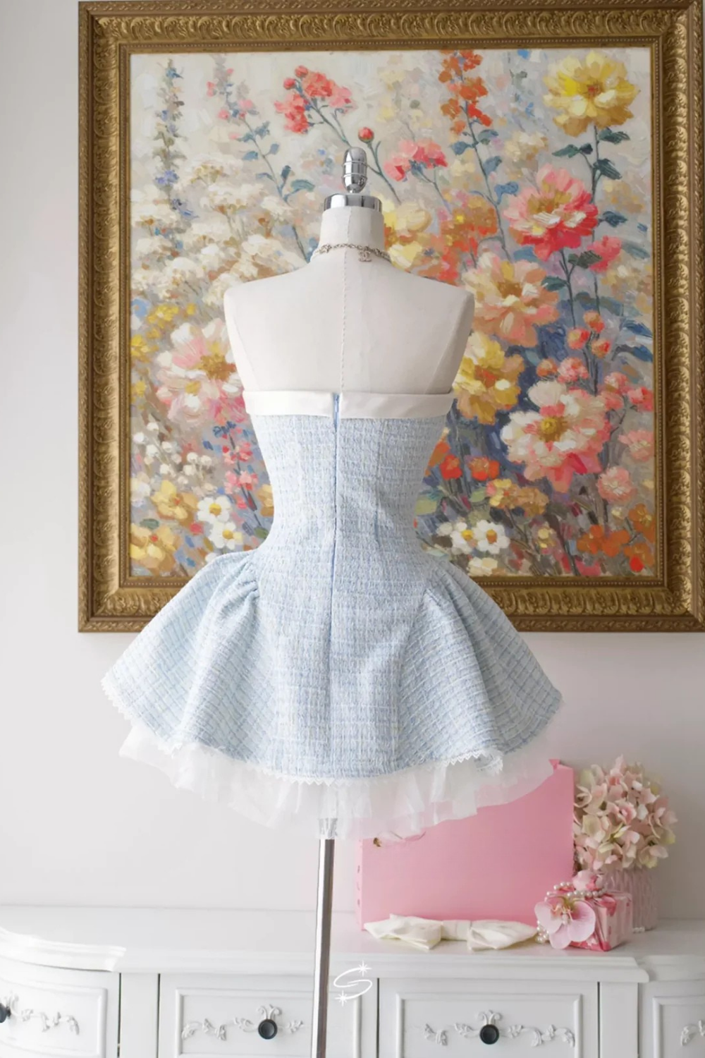 camille TWEED BOW MINI DRESS IN BLUE