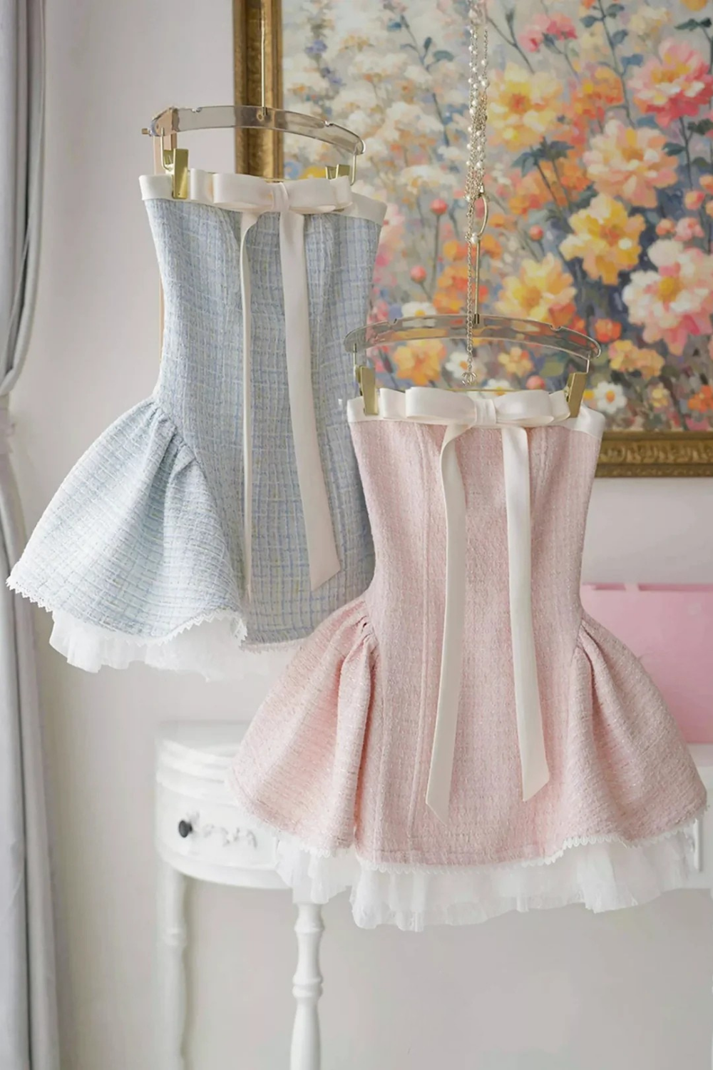 camille TWEED BOW MINI DRESS IN BLUE