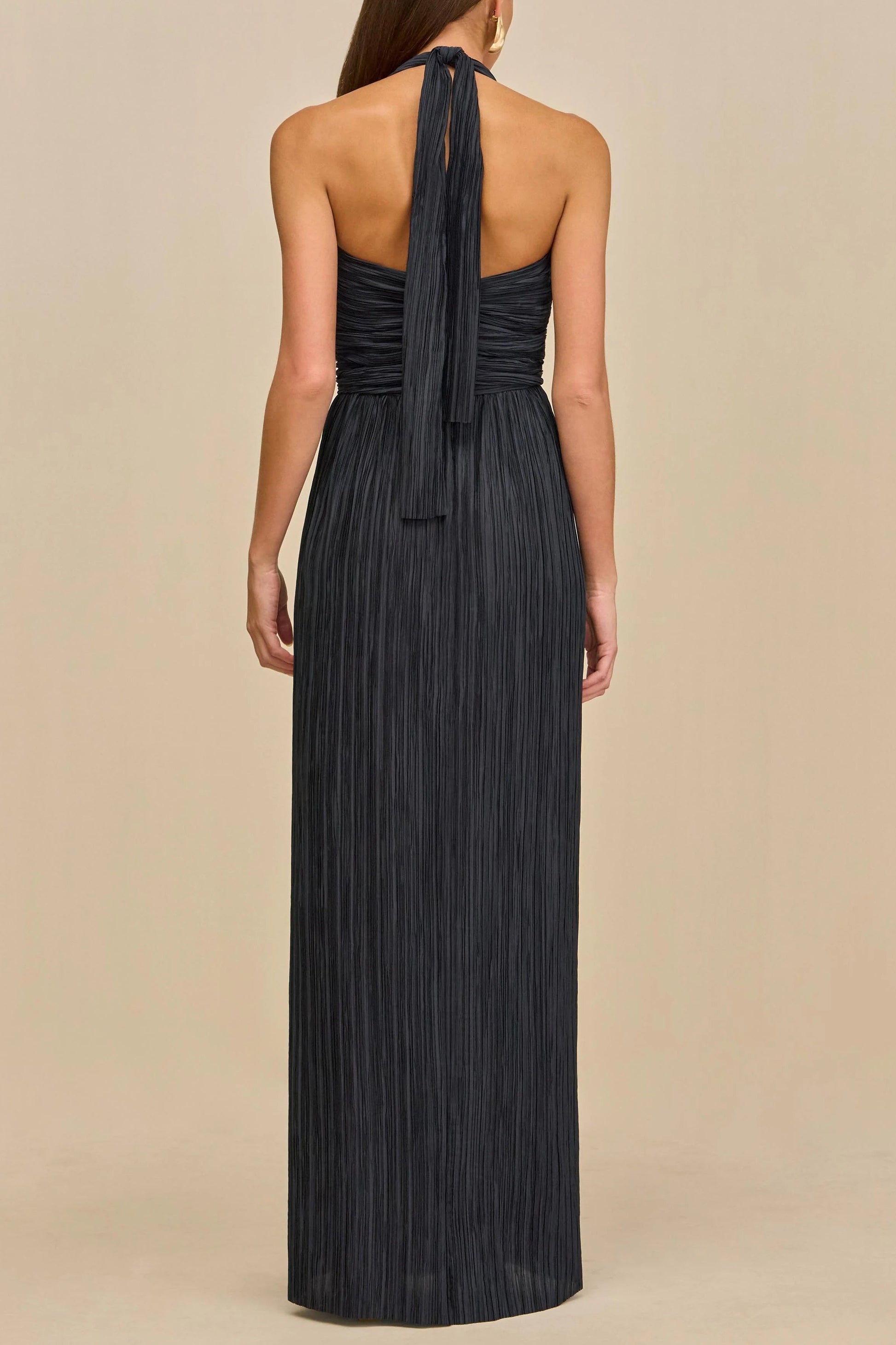 evangeline halter pleated cutout maxi dress in navy blue