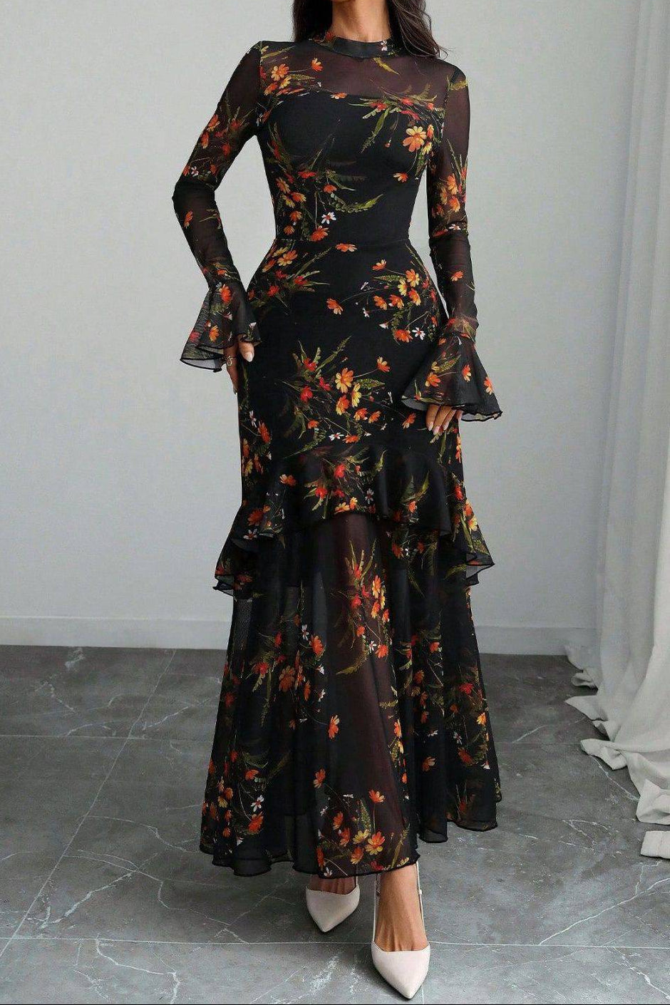 jacqueline Black Floral Mesh Ruffle Maxi Dress