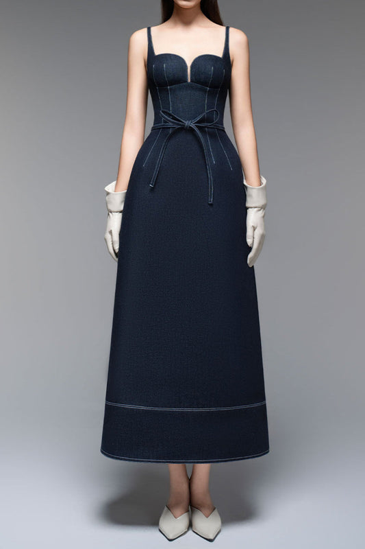 Ellalabel calista A-line Sleeveless Denim Midi Dress in blue - Crafted from High-quality Fabrication- Perfect for Garden Parties and Resort Wear.