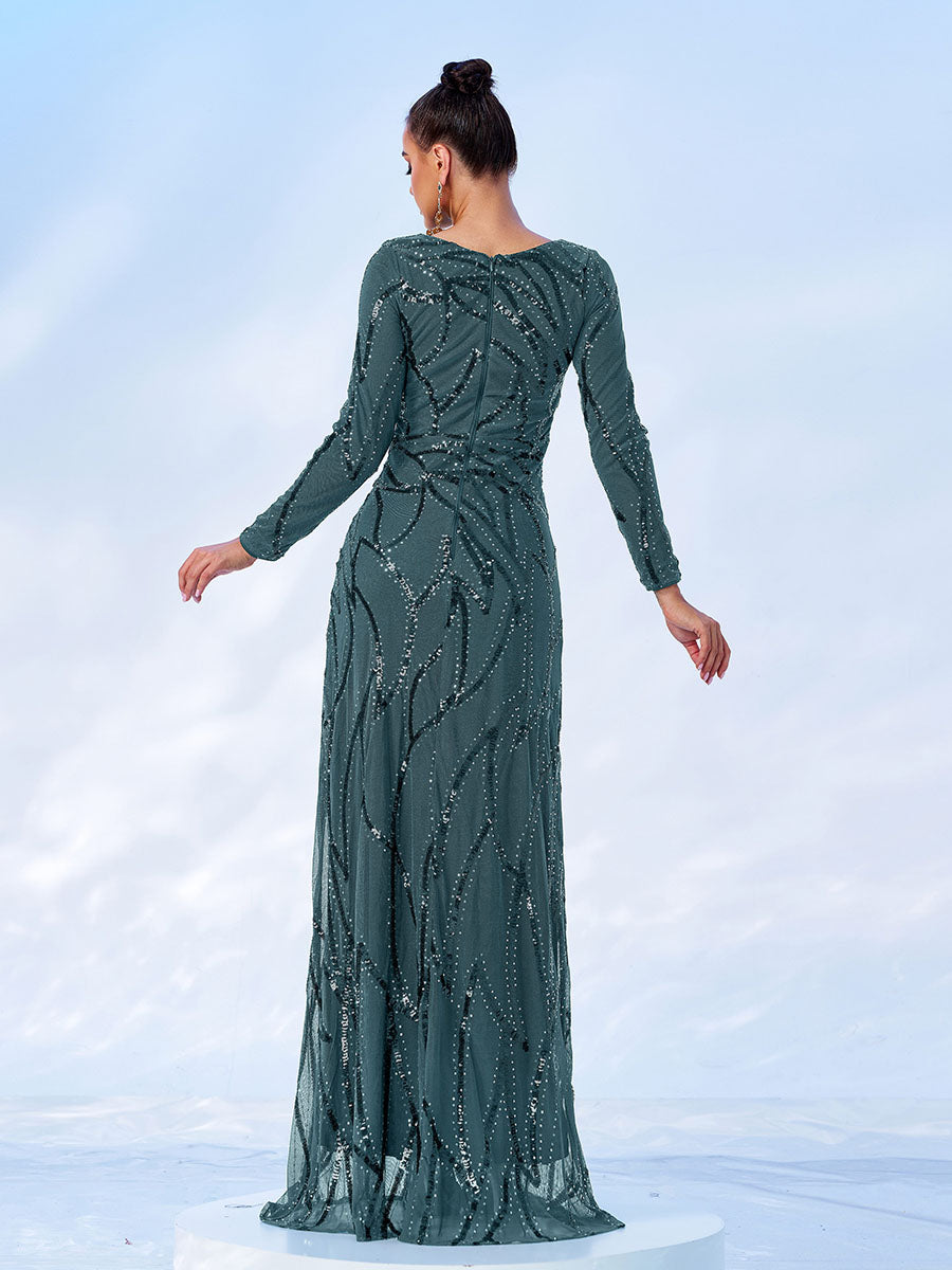 A-Line Long Sleeve Sequin Black Dress