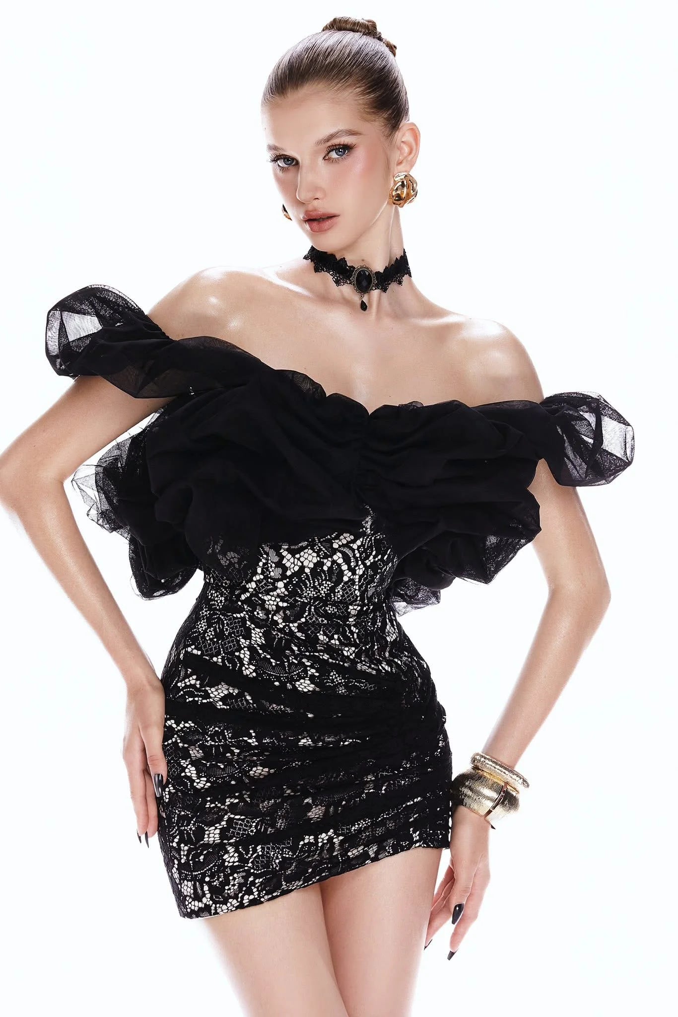 marjorie off-shoulder Lace pleated bodycon mini dress in black