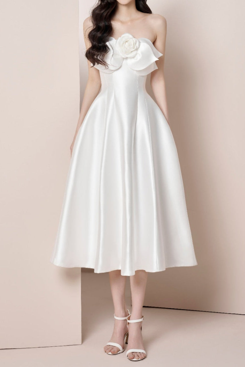 mignon 3d flower satin strapless midi dress in white