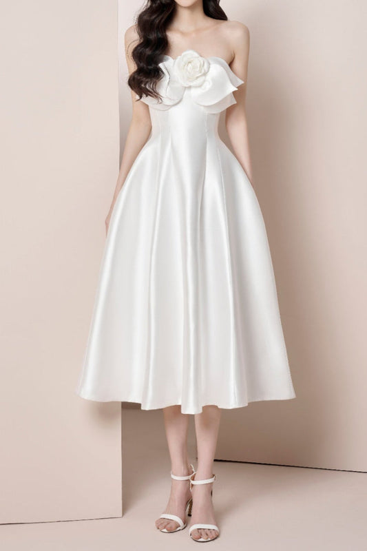 Ellalabel mignon 3d flower satin strapless midi dress in white - Crafted from Glossy Silk Satin- Perfect for Garden Parties and Resort Wear.