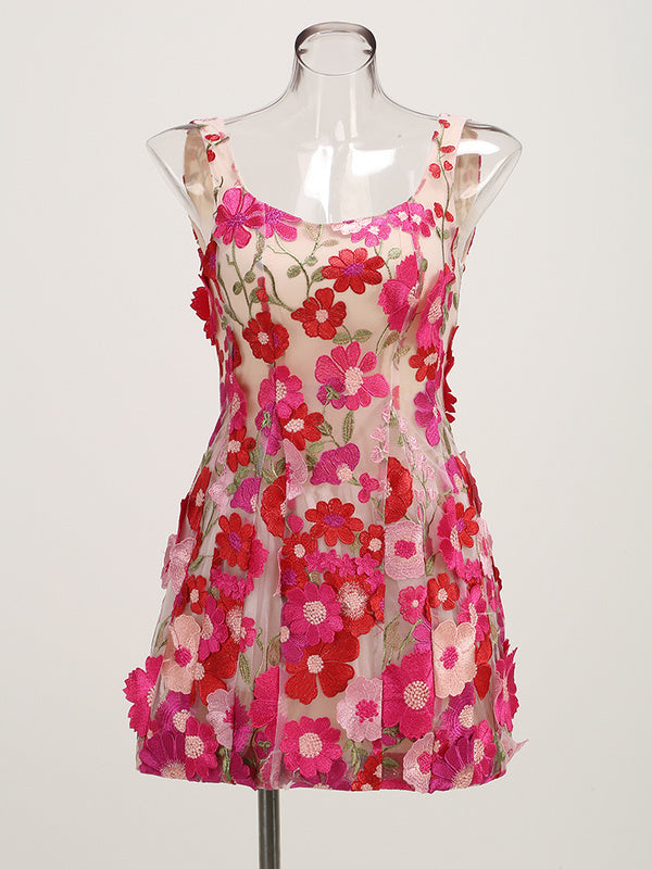 FLORAL embroidery MINI DRESS in rose red