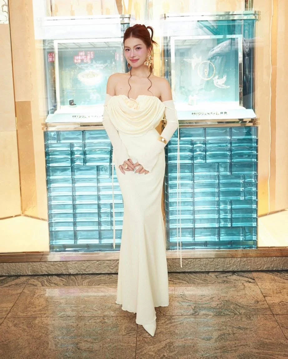 roberta off-shoulder flower embellished pleated maxi dress in white