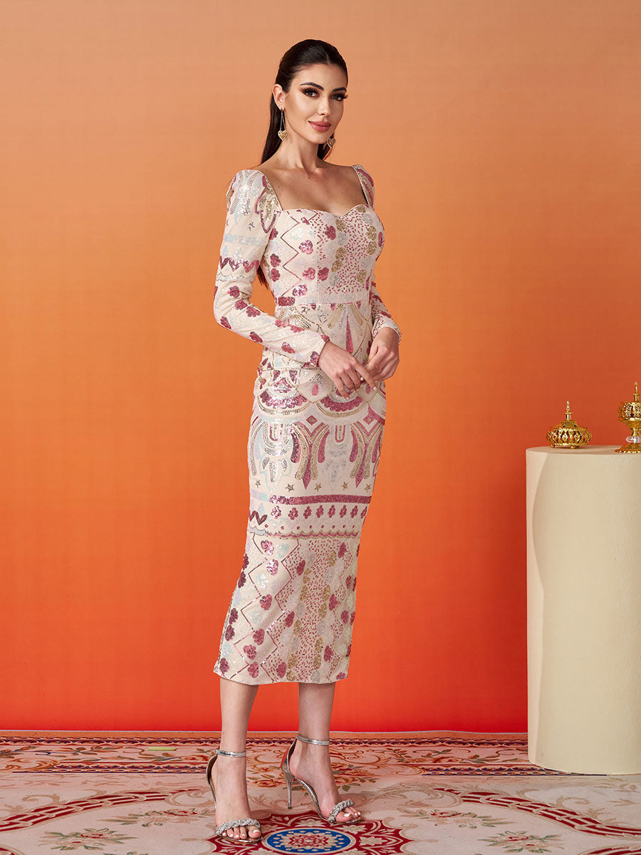 Stylish beautiful dress | Square Neck Long Sleeve Split Sequin Dress - Ideal for special occasions