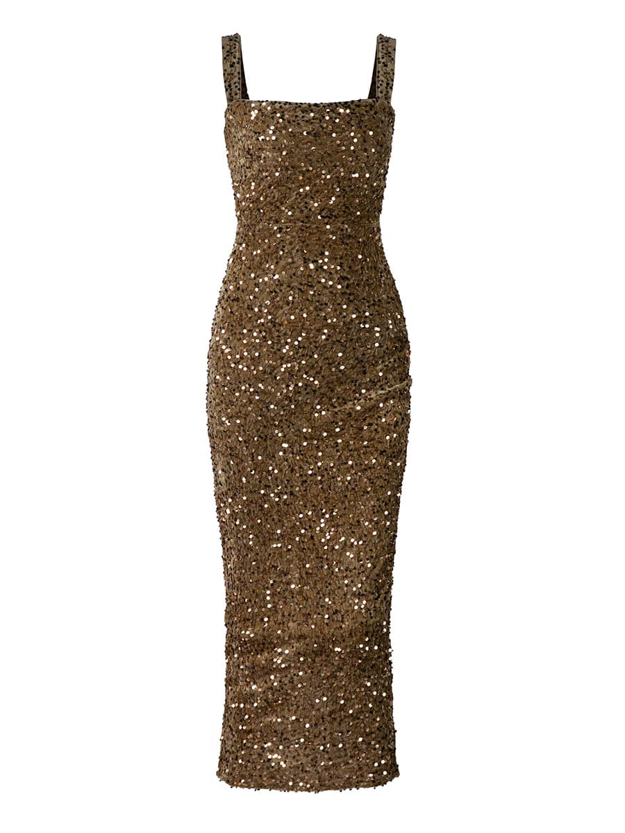 Stylish brown dress | Square Neck Split Back Sequin Brown Prom Dress - Ideal for special occasions