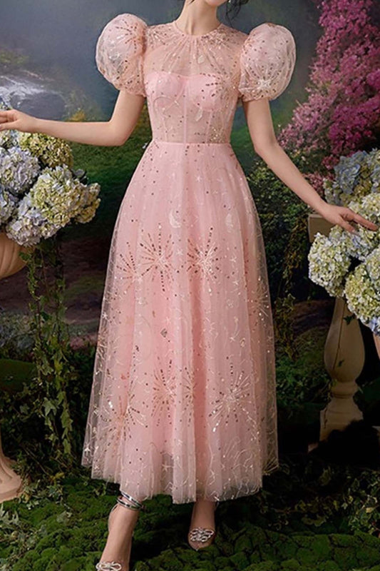 Ellalabel PUFF SLEEVE SEQUINS MAXI DRESS IN PINK - Crafted from Shimmering Hand-stitched Sequins- Ideal for Wedding Guest and Formal Galas.