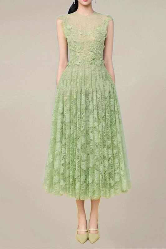 Ellalabel yedda green Lace Flower embellished maxi Dress in Green - Crafted from Intricate Lace Fabrication- Ideal for Wedding Guest and Formal Galas.