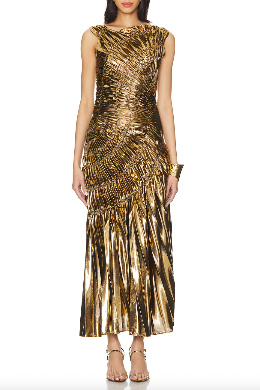 jennifer Hot stamping pleated sleeveless maxi dress