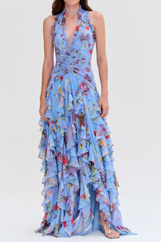 Ellalabel Floral Halter Ruffle Tulle Maxi Dress in Blue - Crafted from Voluminous Soft Tulle- Ideal for Wedding Guest and Formal Galas.