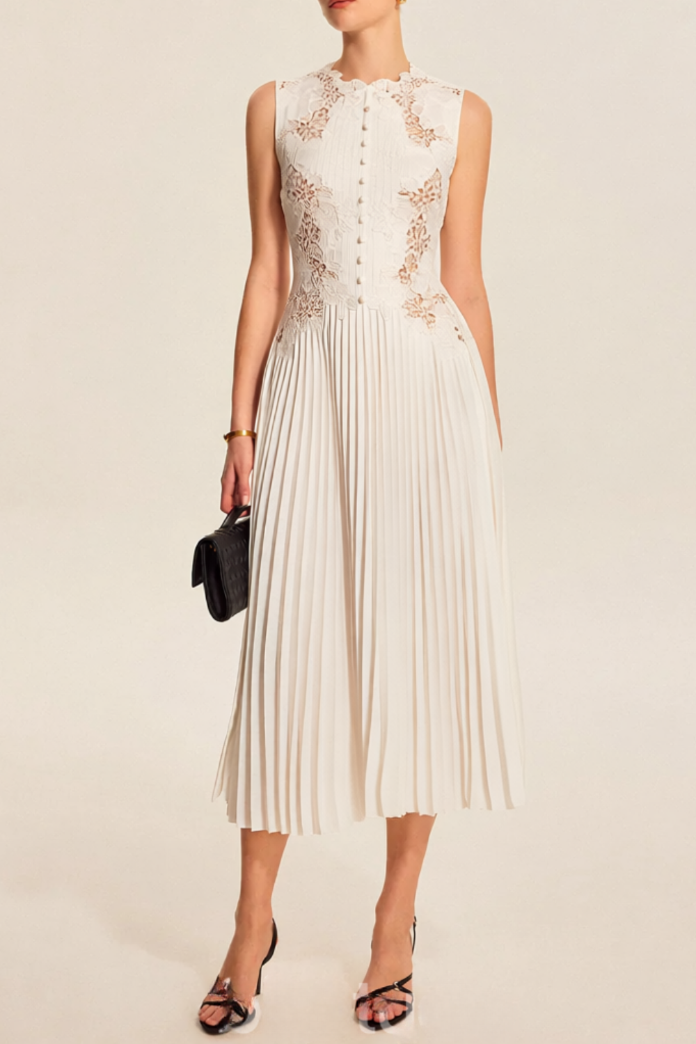 shirley white lace embroidery pleated midi dress