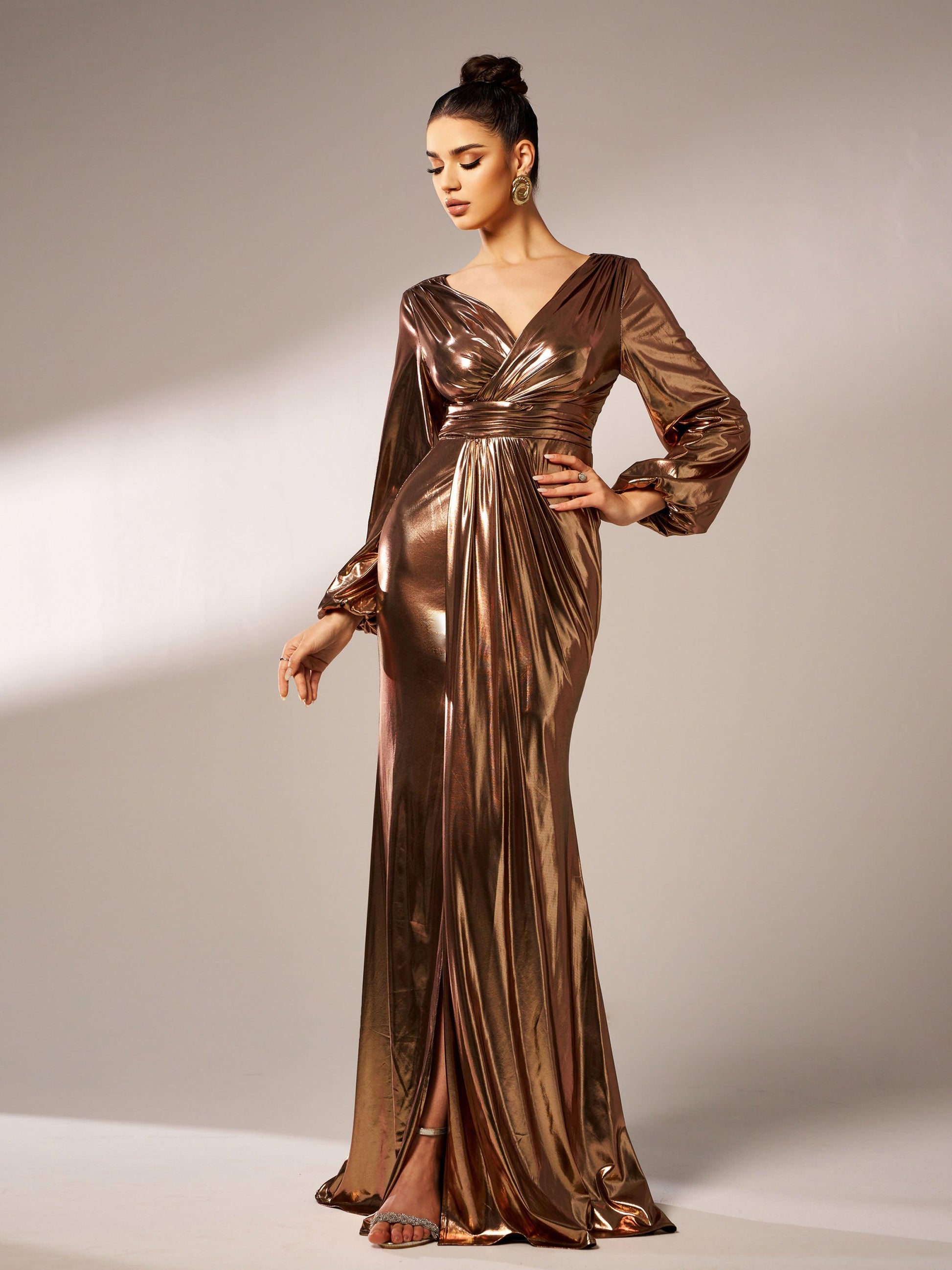 Wrap Long Sleeve Metallic Prom Dress