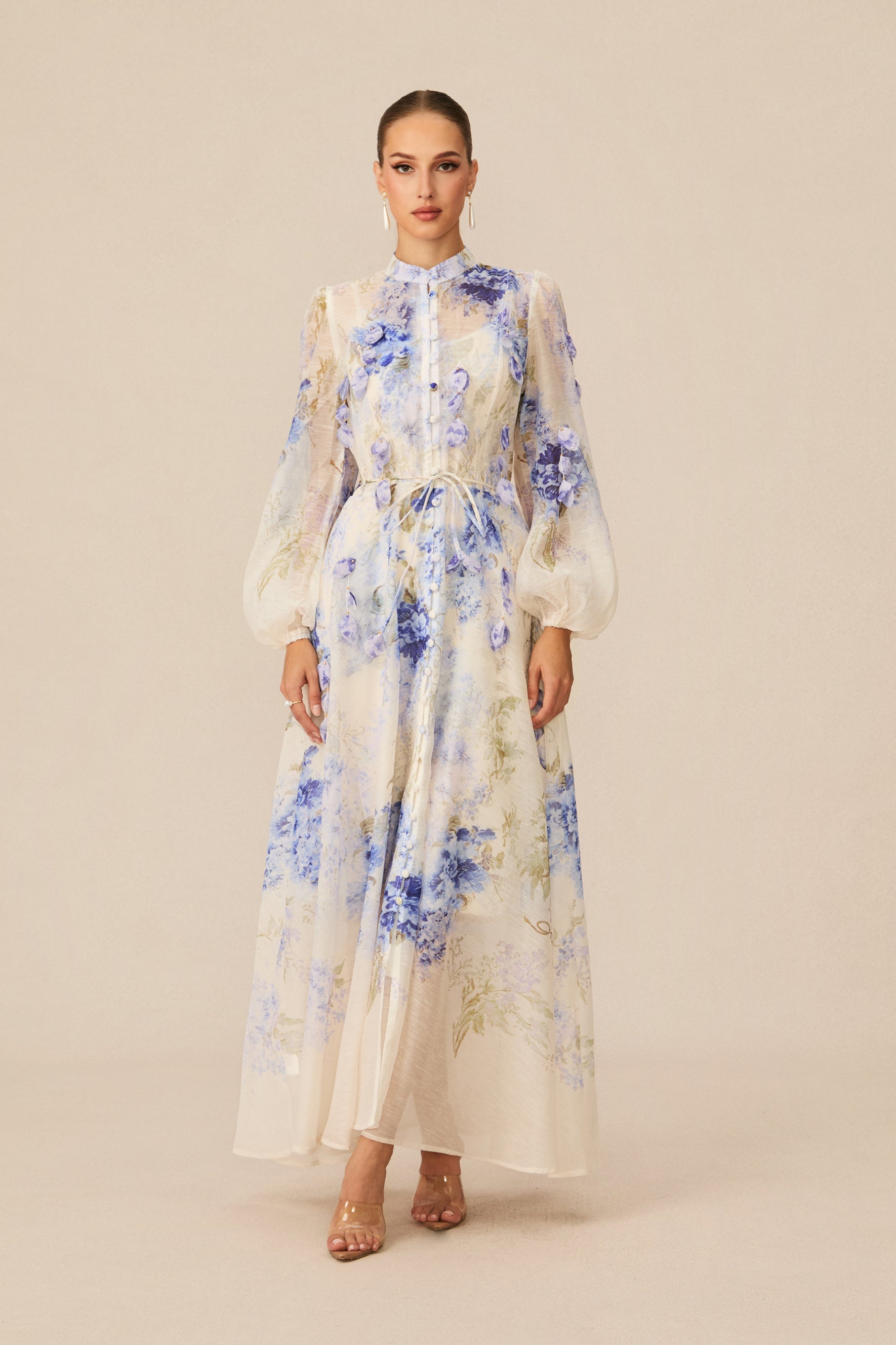 angela Blue Floral Print puff sleeve Maxi Dress