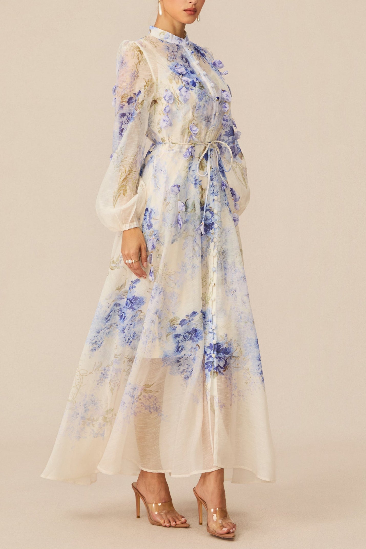 angela Blue Floral Print puff sleeve Maxi Dress