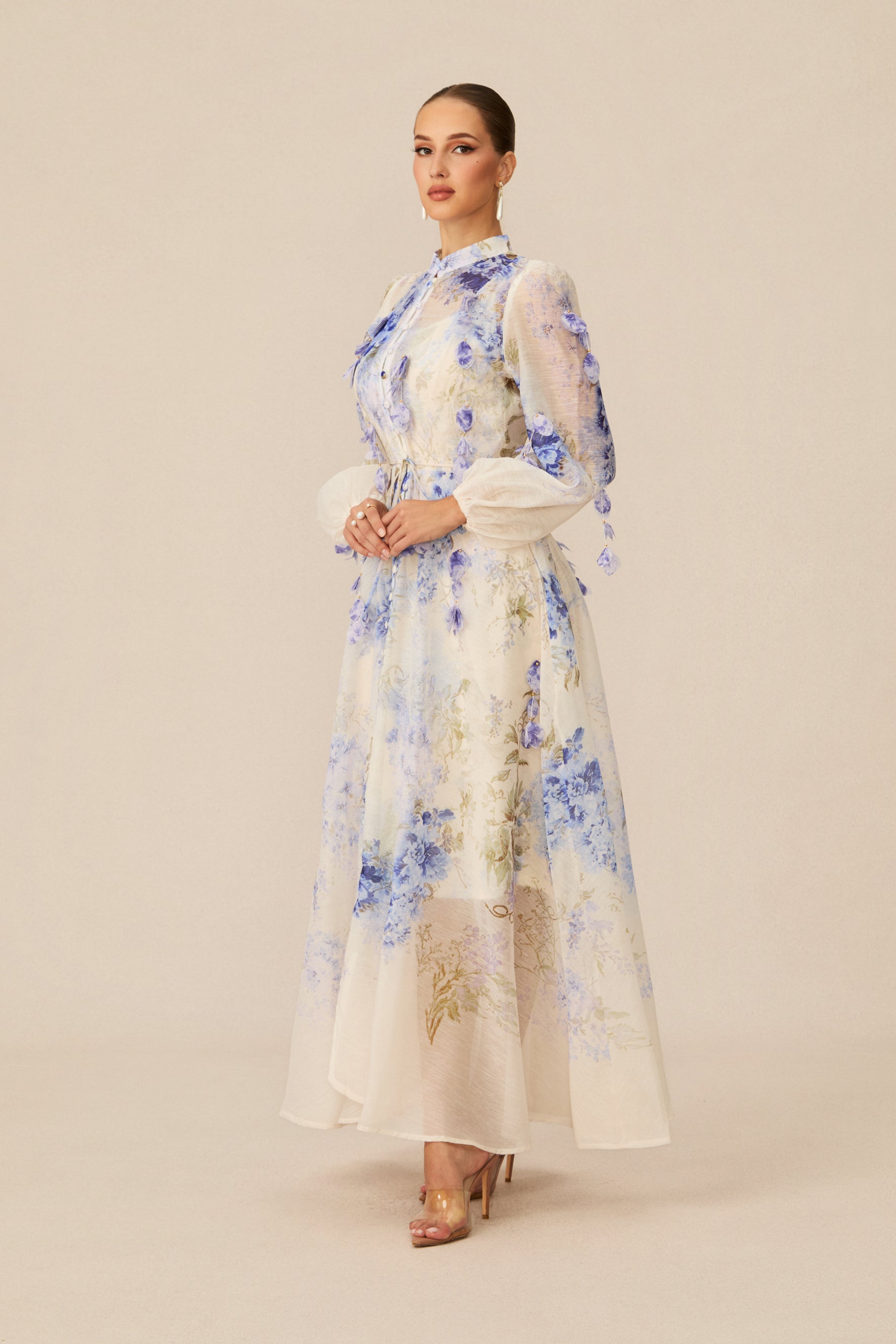 angela Blue Floral Print puff sleeve Maxi Dress