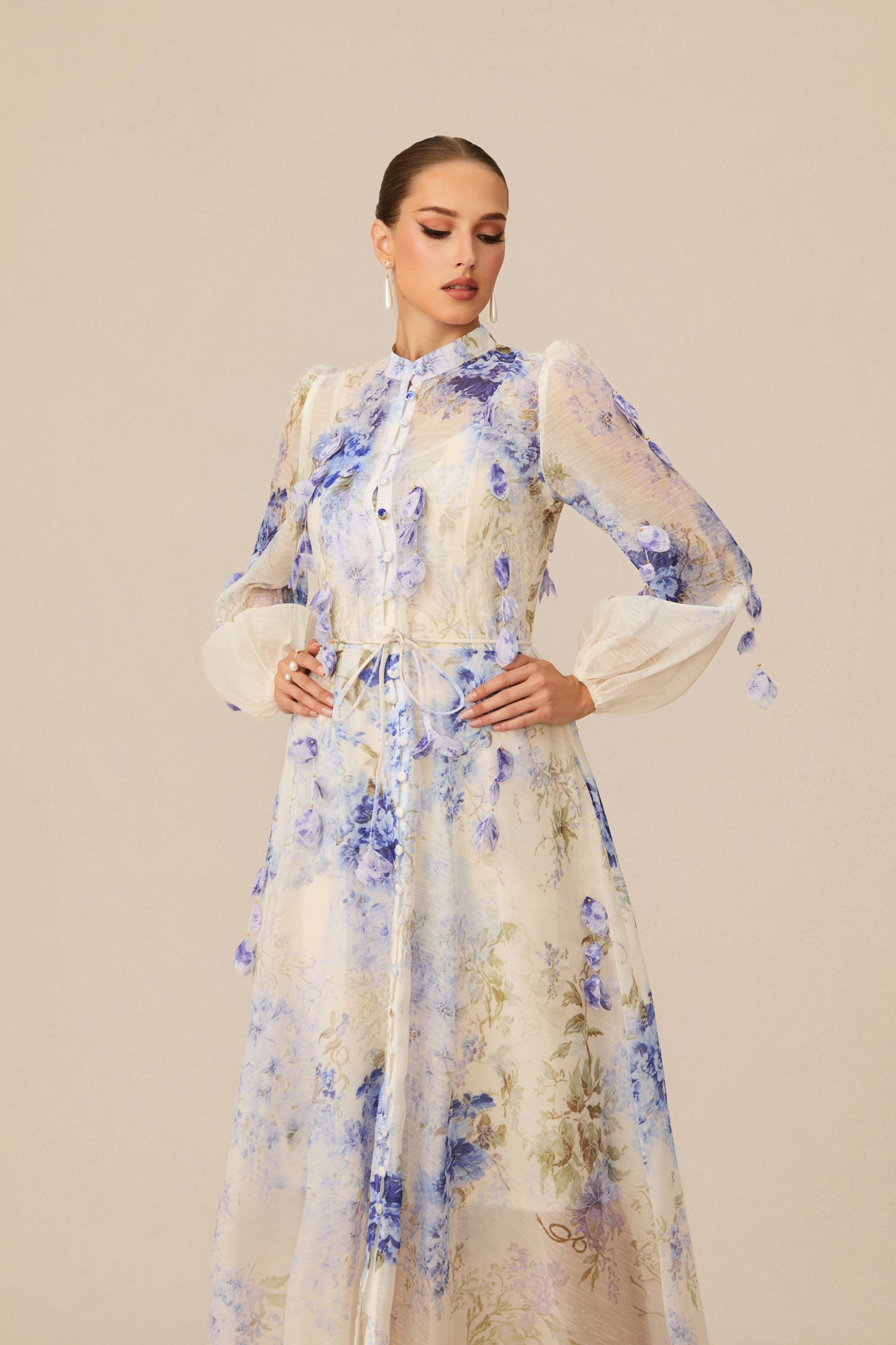 angela Blue Floral Print puff sleeve Maxi Dress
