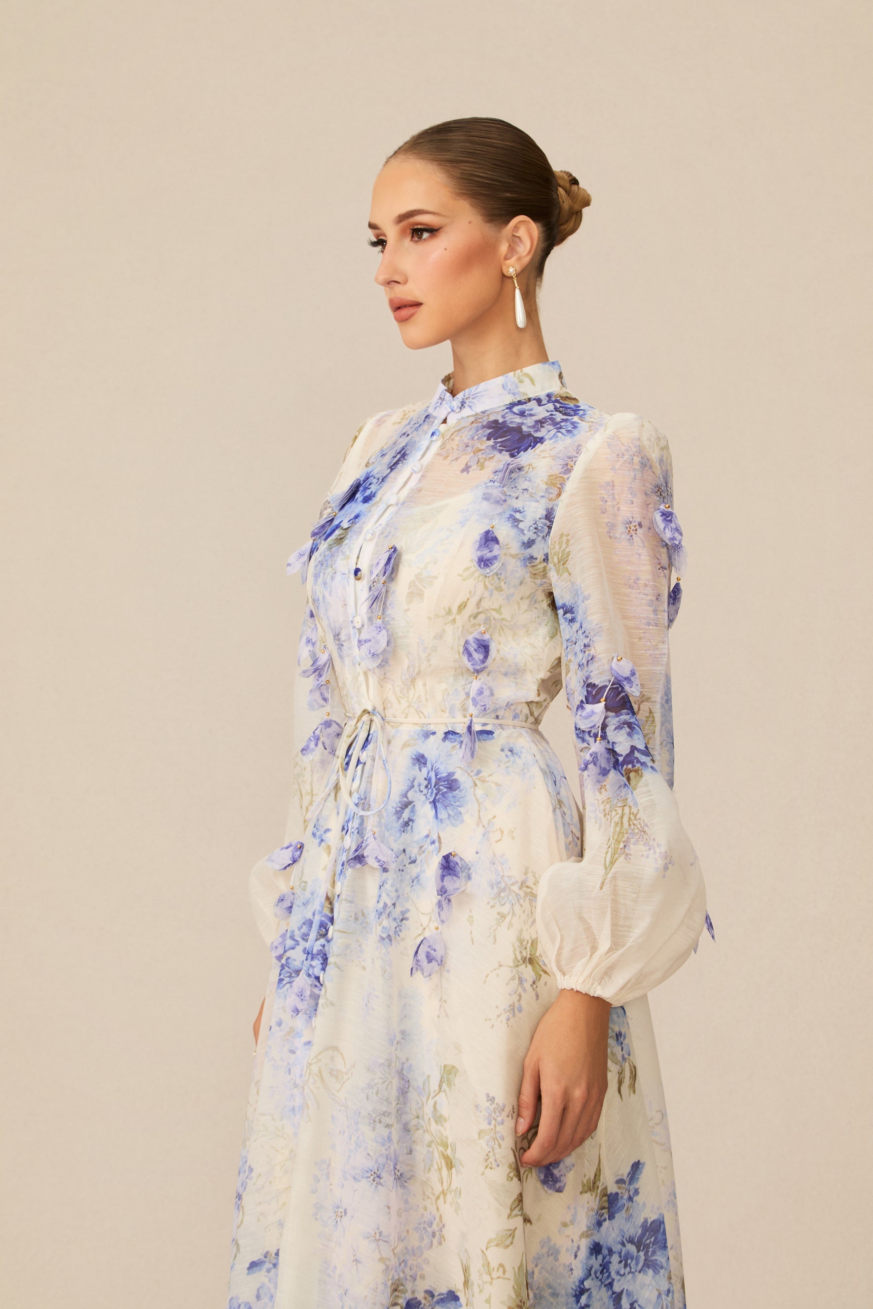 angela Blue Floral Print puff sleeve Maxi Dress