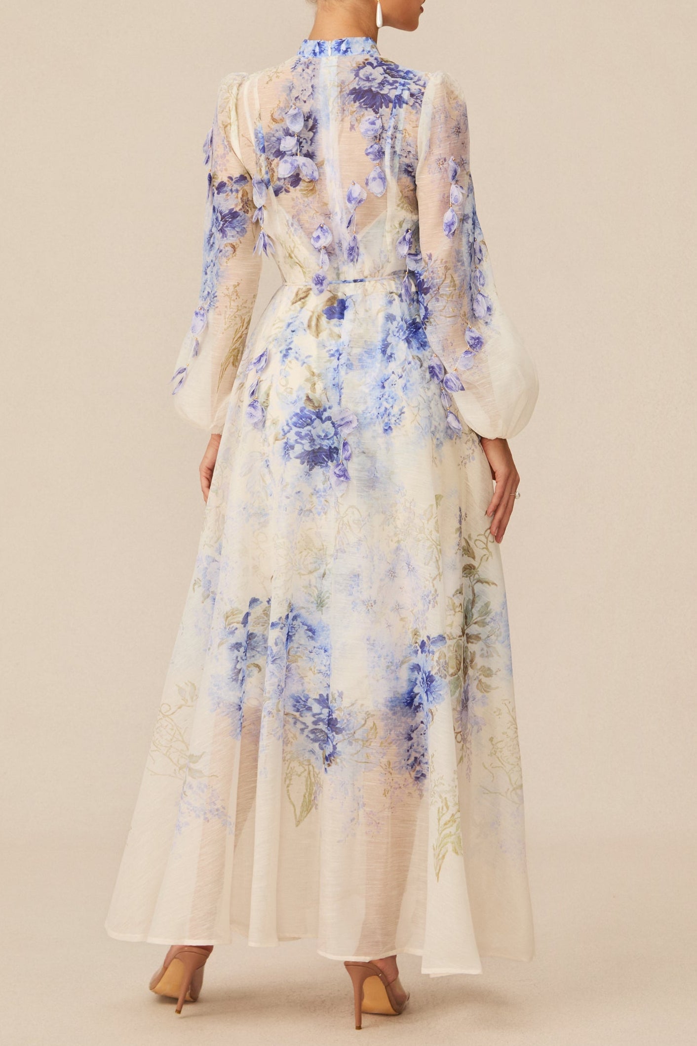 angela Blue Floral Print puff sleeve Maxi Dress