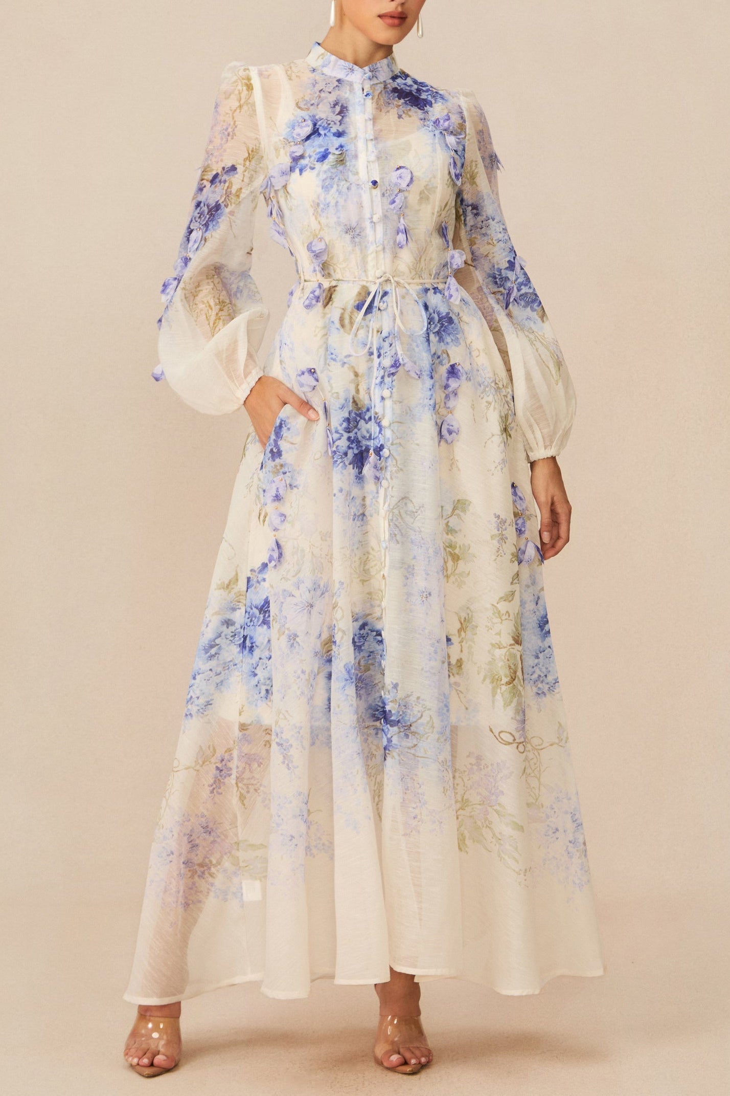 angela Blue Floral Print puff sleeve Maxi Dress