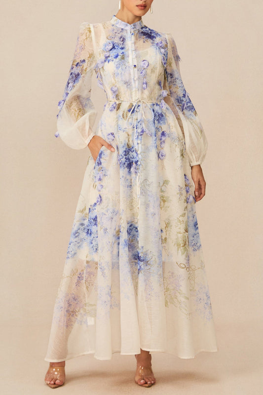 Ellalabel angela Blue Floral Print puff sleeve Maxi Dress - Crafted from High-quality Fabrication- Ideal for Wedding Guest and Formal Galas.