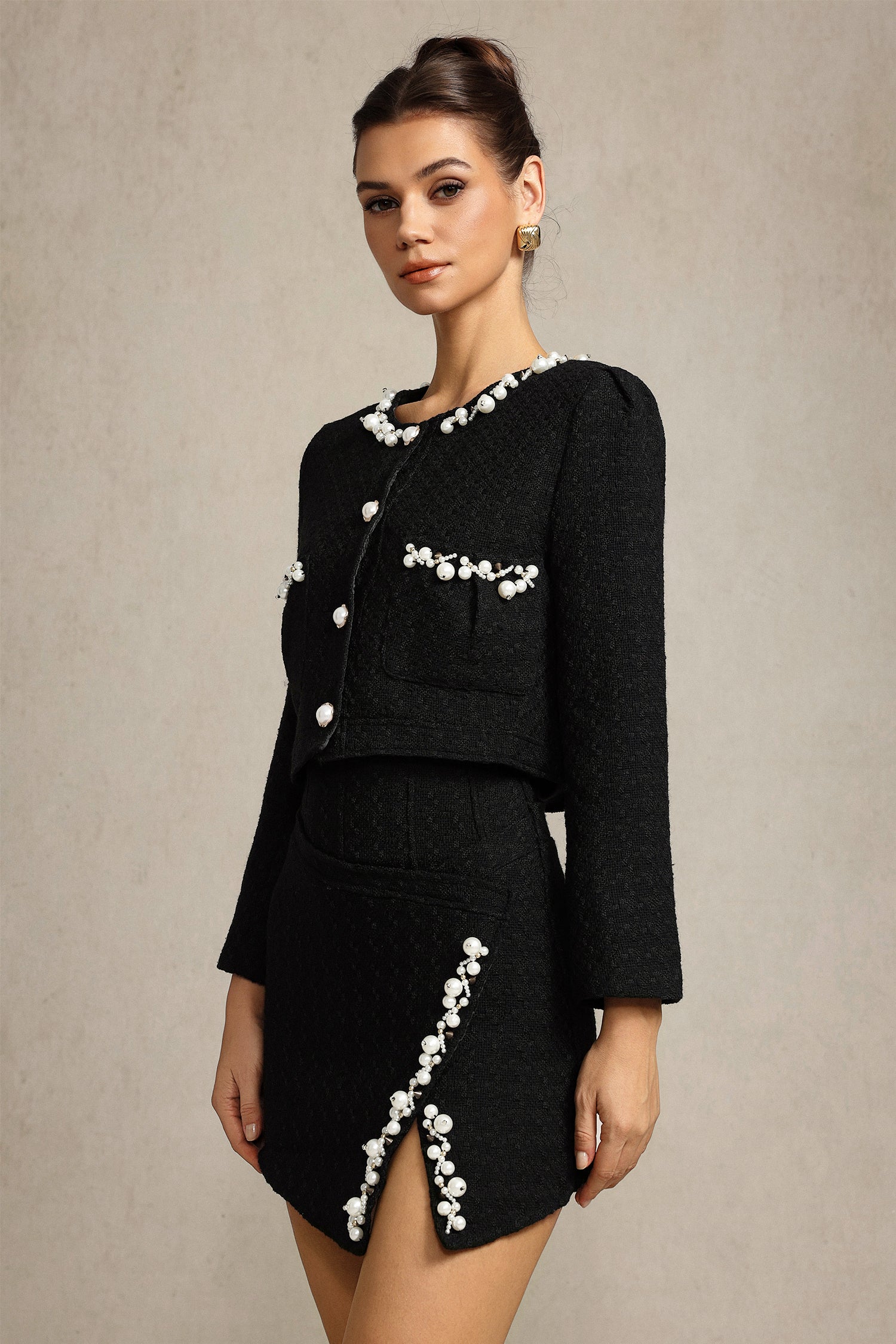 iris Long Sleeves Pearl Top And Skirt Two-Piece Set