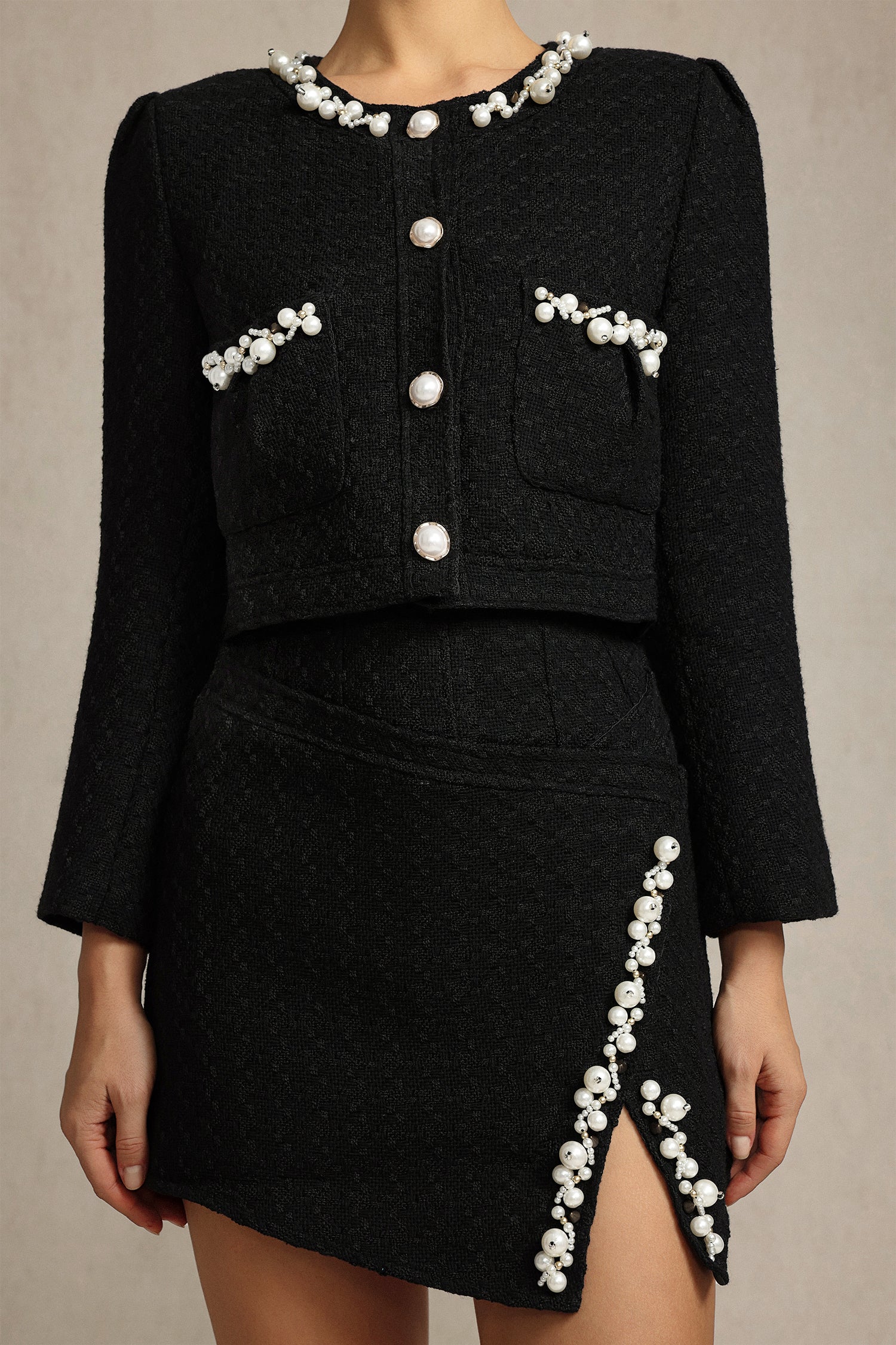 iris Long Sleeves Pearl Top And Skirt Two-Piece Set