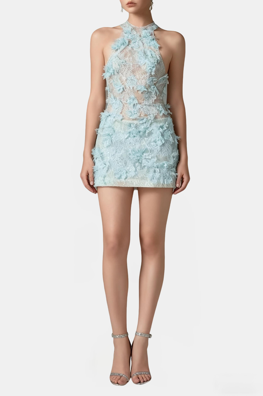 Ellalabel Jeanne Floral Lace Mini Dress In blue - Crafted from Intricate Lace Fabrication- Best for Cocktail Parties and Night Out.