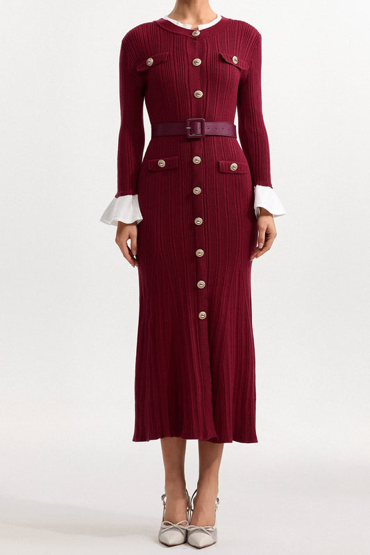 Ellalabel Ollie Contour Round Neck Long Sleeve Knit Maxi Dress in Burgundy - Crafted from Soft-touch Fine Knit- Ideal for Wedding Guest and Formal Galas.