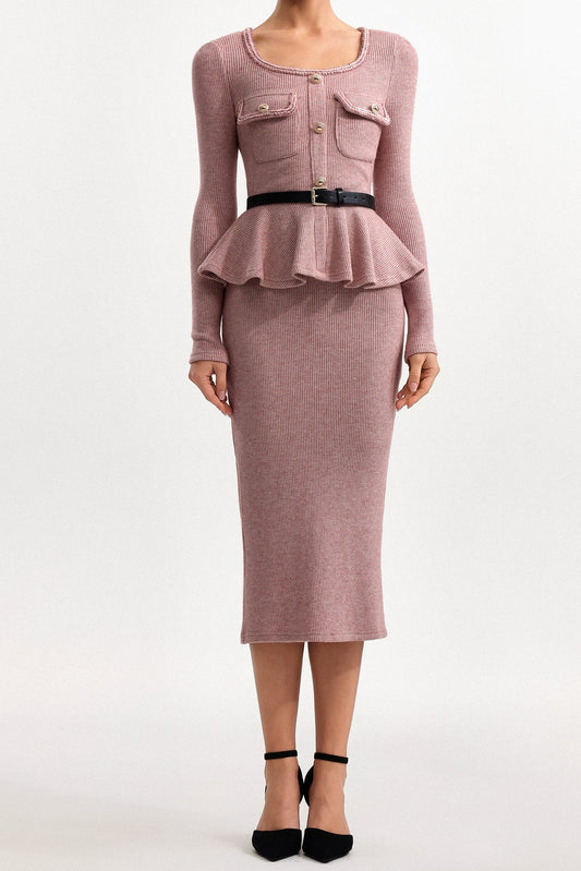 Ellalabel Skylar U Neck Long Sleeve Falbala Knit Midi Dress in pink - Crafted from Soft-touch Fine Knit- Ideal for Wedding Guest and Formal Galas.