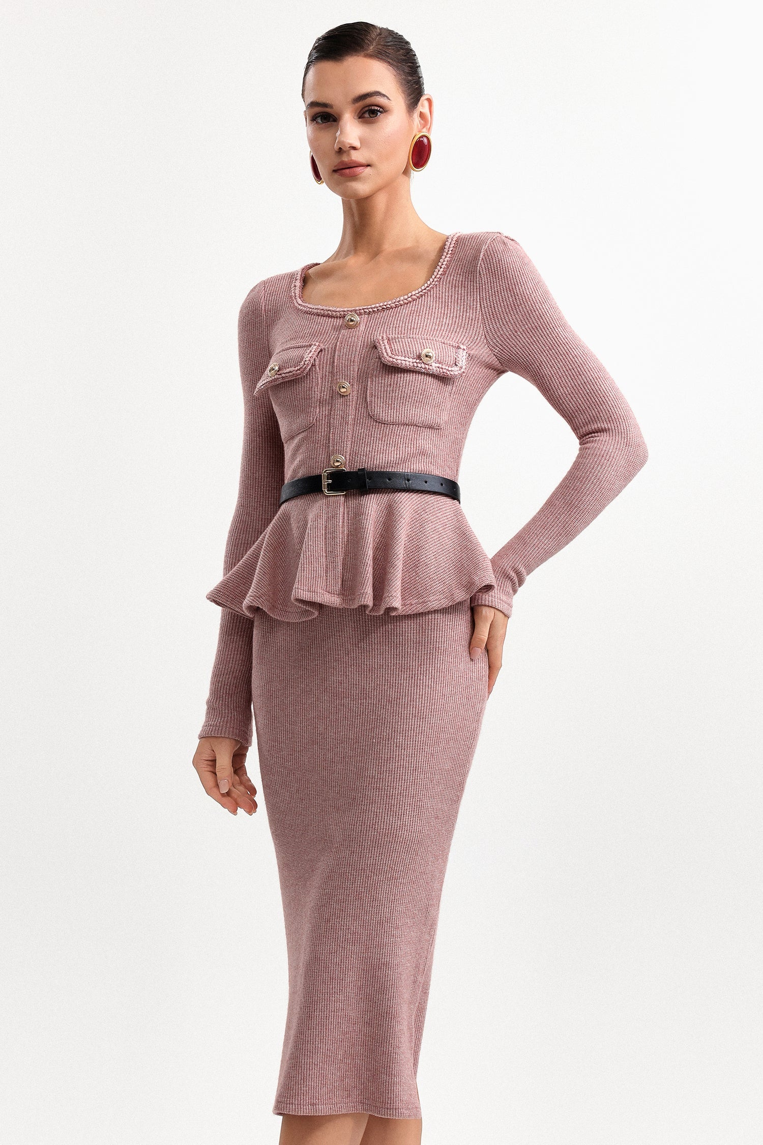 Skylar U Neck Long Sleeve Falbala Knit Midi Dress in pink