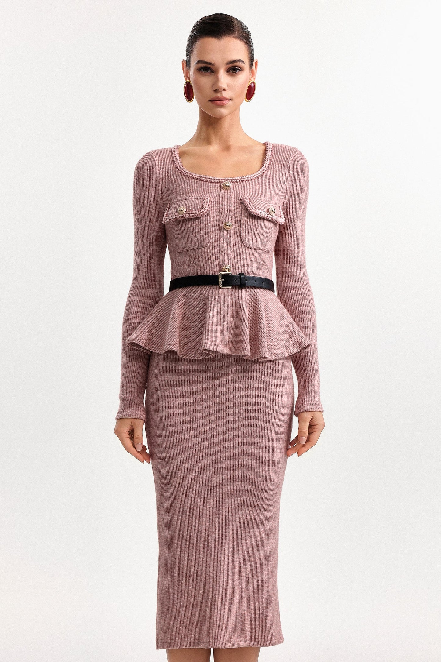 Skylar U Neck Long Sleeve Falbala Knit Midi Dress in pink