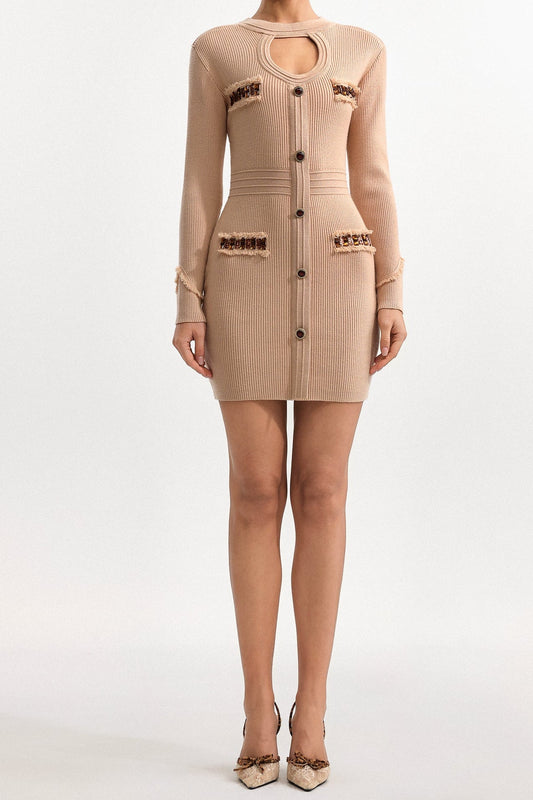 Ellalabel Khaleesi Contour Long Sleeve Knit Mini Dress in Khaki - Crafted from Soft-touch Fine Knit- Best for Cocktail Parties and Night Out.