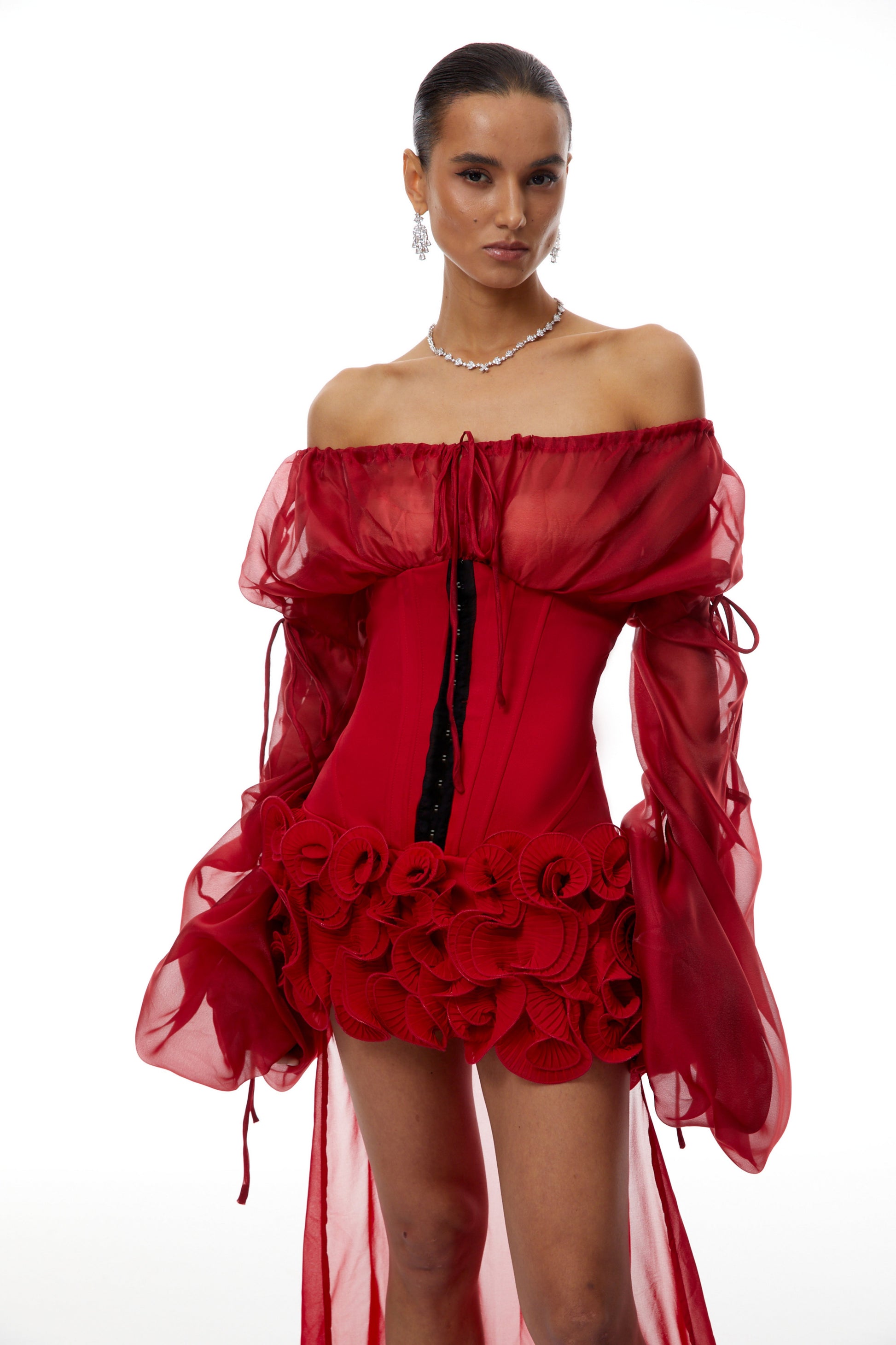 beverly Red Train Ruffled Corset Mini Dress