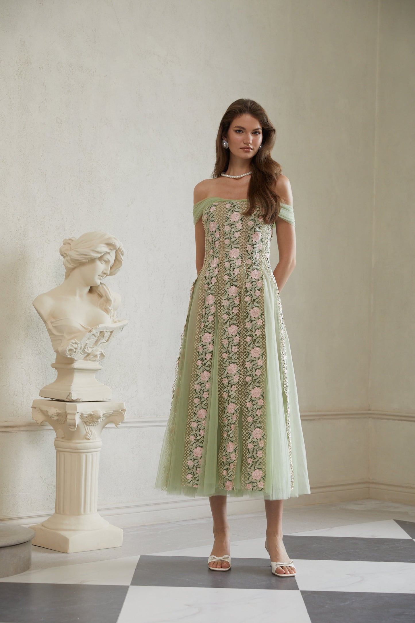 octavia Tulle Panel Floral Midi Dress in green