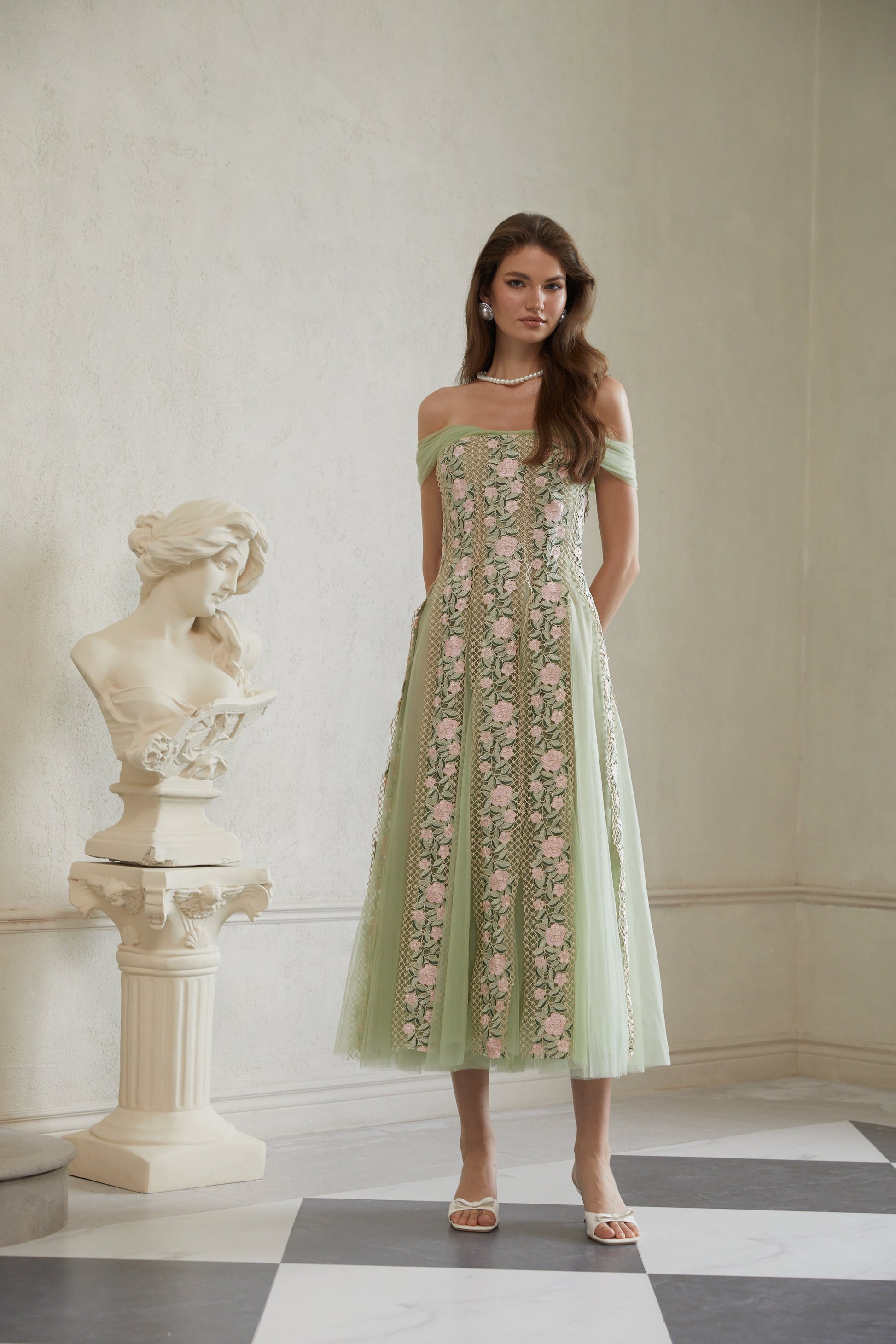 octavia Tulle Panel Floral Midi Dress in green