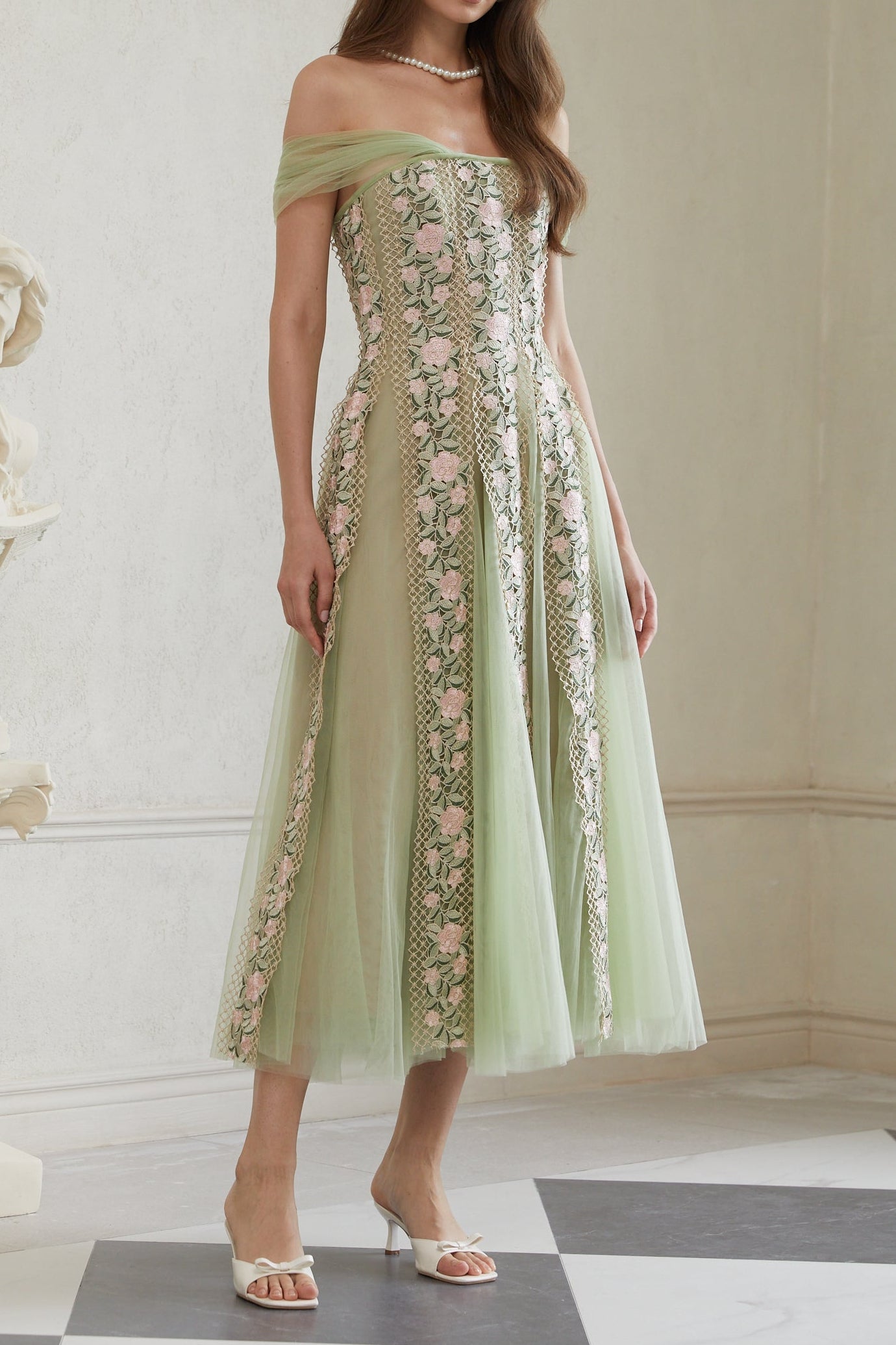 octavia Tulle Panel Floral Midi Dress in green
