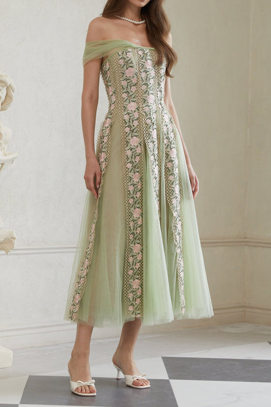 Ellalabel octavia Tulle Panel Floral Midi Dress in green in Green - Crafted from Voluminous Soft Tulle- Perfect for Garden Parties and Resort Wear.