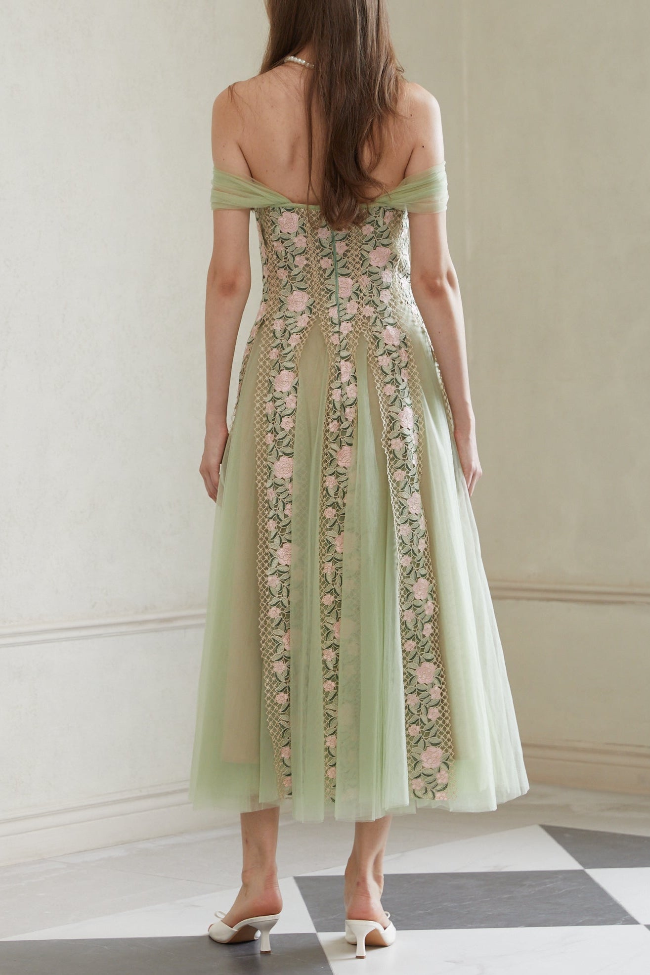 octavia Tulle Panel Floral Midi Dress in green